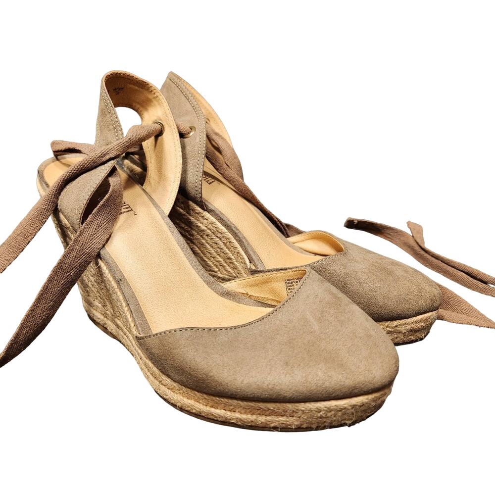 BRASH Taupe Faux Suede Lace‎ Up Espadrille Wedge Closed Toe Sandals Womens 9